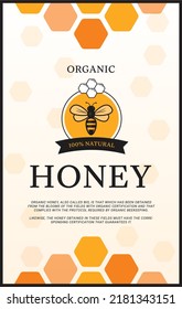 Honeycombs with honey, and a symbolic simplified image of a bee as a design element on a textural background.	