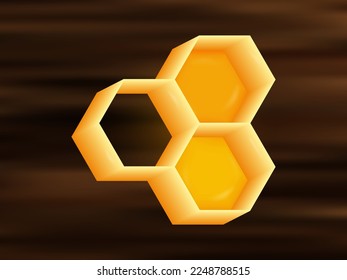 Icono de Honeypes 3d. Tres células hexagonales con miel. Forma geométrica amarilla sobre un fondo de madera, cerca. Un líquido pegajoso de miel dentro de una celda de cera. Concepto de apicultura. Ilustración vectorial.