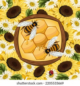 Viñetas sobre el fondo de los girasoles.Ilustración vectorial con abejas y panecillos sobre un fondo de girasoles y margaritas.