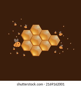 honeycombs on a brown background. bees around the honeycombs carry honey. swarm of bees flying