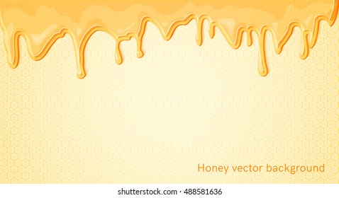 Honeycombs and realistic honey drips vector background