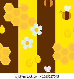 Honeycombs seamless pattern. Decorative composition with cartoon bees, honey drops, little flowers and honeycombs.