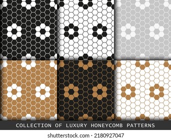 Honeycombs set of geometric patterns. Abstract hexagons geometric graphic design