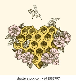 Honeycombs in the shape of a heart with bees and flowers. Vintage style. Vector illustration.