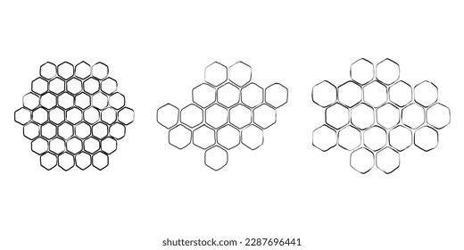 Honeycombs. Sketch hand drawn propolis honey comb set. Simple bee honeycomb doodle structure. Vector black and white illustration.
