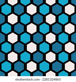 Honeycombs Symmetrische, nahtlose Muster, einfache, blaue und schwarze minimalistische Druckgrafik