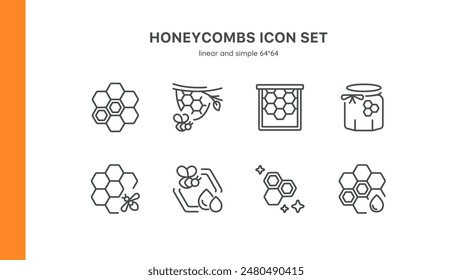 Conjunto de iconos vectoriales de panal. Estructura de panal, apicultura, producción de miel, abejas, cera y miel orgánica. Colección lineal editable.