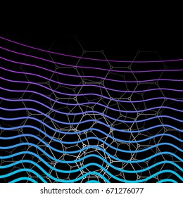 Honeycombs and wavy lines on black background. Infographics. Vector illustration.
