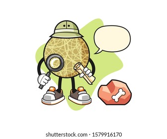 Honeydew melon archaeologist with speech bubble cartoon. Mascot Character vector.