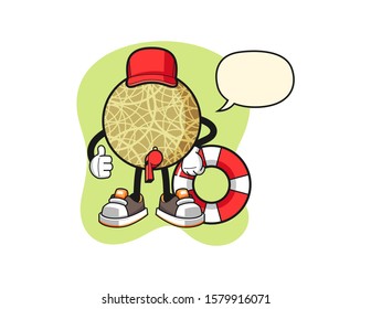 Honeydew melon beach lifeguard with speech bubble cartoon. Mascot Character vector.