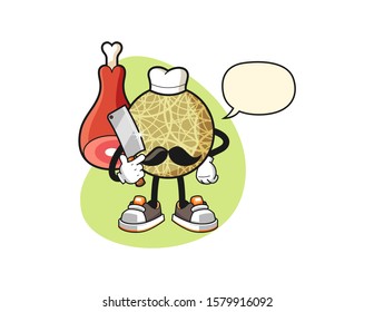 Honeydew melon butcher with speech bubble cartoon. Mascot Character vector.