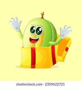 Der Melonencharakter von Honigtauben erscheint in der Geschenkbox. Perfekt für Kinder, Werbeartikel und Aufkleber, Werbebanner

