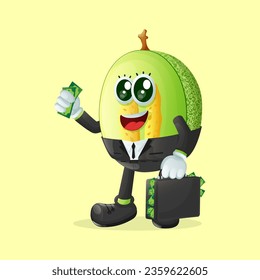 honeydew melon character holding a briefcase full of money. Perfect for kids, merchandise and sticker, banner promotion
