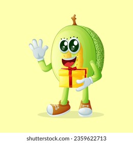 personaje melón de miel sosteniendo una caja de regalo. Perfecto para niños, mercadería y pegatinas, promoción de pancartas
