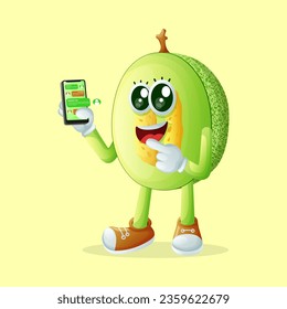 personaje de melón de miel sostiene un smartphone y envía mensajes de texto. Perfecto para niños, mercadería y pegatinas, promoción de pancartas
