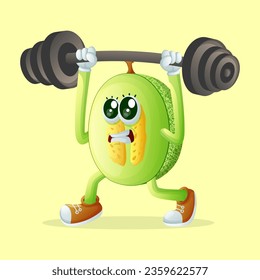 honeydew melon character lifting weights. Perfect for kids, merchandise and sticker, banner promotion
