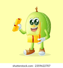 honeydew melon character opening a present. Perfect for kids, merchandise and sticker, banner promotion
