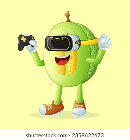 honeydew melon character playing video games on a console. Perfect for kids, merchandise and sticker, banner promotion
