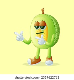 honeydew melon character with pointed hand and cool expression. Perfect for kids, merchandise and sticker, banner promotion
