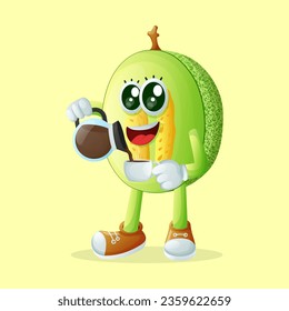honeydew melon character pouring coffee. Perfect for kids, merchandise and sticker, banner promotion
