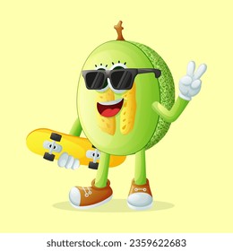 honeydew melon character skateboarding. Perfect for kids, merchandise and sticker, banner promotion
