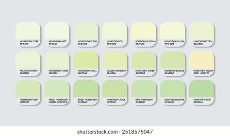 Paleta de color de melón de miel, paleta de guía de color de lima con nombres de color. Catálogo Muestras de color verde claro con códigos RGB HEX. plástico, pintura, variaciones verdes naturales, moda Trend color melón