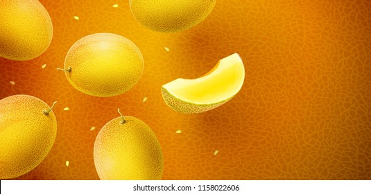 Honeydew melon flavour poster banner design with pattern and copyspace. Whole fresh ripe sweet fruit with sliced juicy piece of cut. Melon realistic fruits, flying and falling. EPS10 vector.