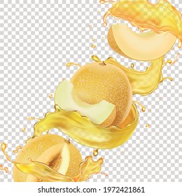 Honeydew melon. Fresh sweet fruit with realistic yellow juice splash. Melon beverage or flavor vector illustration.