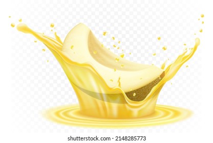 Honeydew Melon. Fresh sweet melon fruit with realistic yellow juice splash. Melon beverage or flavor. Realistic vector 3d isolated illustration