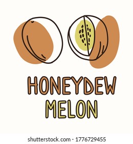 Honeydew melon fruit with text gender neutral baby illustration clipart. Simple whimsical minimal earthy 2 tone color. Kids nursery room decor print or cartoon animal line art sticker.