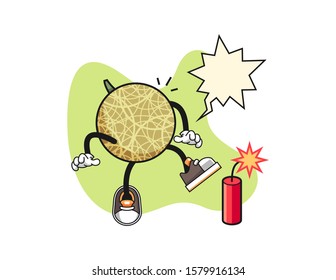 Honeydew melon get surprise firecrackers with speech bubble cartoon. Mascot Character vector.