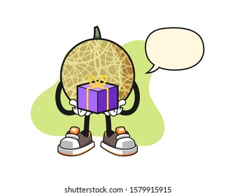 Honeydew melon give a gift with speech bubble cartoon. Mascot Character vector.