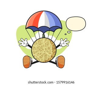 Honeydew melon jumping parachute with thought bubble cartoon. Mascot Character vector.