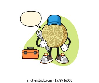 Honeydew melon mechanic with speech bubble cartoon. Mascot Character vector.