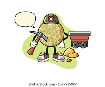 Honeydew melon miner with speech bubble cartoon. Mascot Character vector.