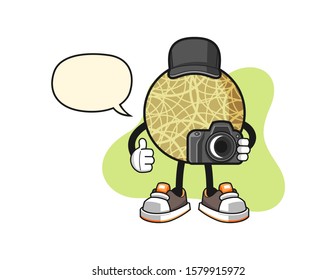 Honeydew melon photographer with speech bubble cartoon. Mascot Character vector.