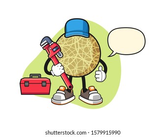 Honeydew melon plumber with speech bubble cartoon. Mascot Character vector.