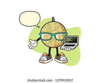 Honeydew melon programmer with speech bubble cartoon. Mascot Character vector.