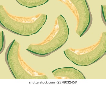 Honeydew Melon seamless pattern. fruit background, outline vegetable background with hand drawn vector illustration