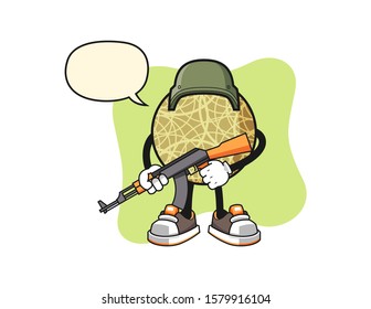 Honeydew melon soldier with speech bubble cartoon. Mascot Character vector.