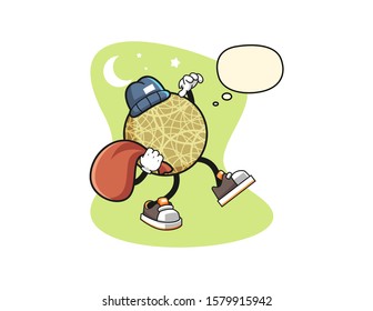 Honeydew melon thief with thought bubble cartoon. Mascot Character vector.