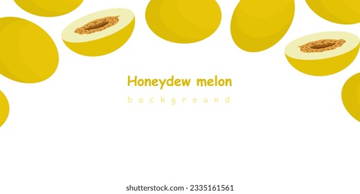 Honeydew melon vector frame on white background. Whole fresh ripe sweet fruit and juicy half for healthy dieting. Fresh melon banner or poster with text copy space. Flat vector illustration