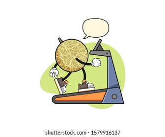 Honeydew melon walking on treadmill with speech bubble cartoon. Mascot Character vector.