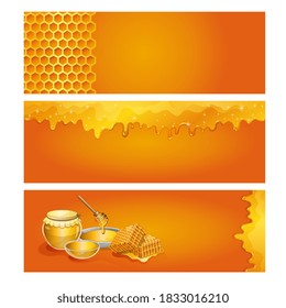 Banderole honorée. Modèle d'arrière-plan de la bannière d'en-tête pour l'apiculture et la publicité pour les produits miel. Image vectorielle motif de nid d'abeille et création typographique à écoulement liquide sucré. Illustration mielleuse