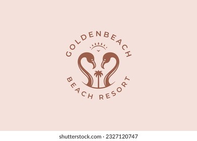 Honeymoon beach resort travel paradise vacation flamingo palm tree logo design template vector