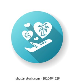 Honeymoon blue flat design long shadow glyph icon. Romantic vacation after wedding, tropical journey. Travel agency service, special package tours for newlyweds. Silhouette RGB color illustration