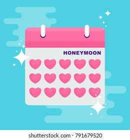 Honeymoon calendar. Flat vector cartoon illustration. Objects isolated on white background.