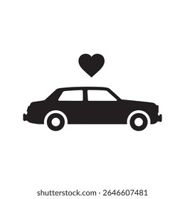 Ícone de carro lua de mel com um coração acima dele representando uma viagem romântica para um casal recém-casado uma viagem de casamento ou um amor por automóveis vetor ícone de glifo sólido