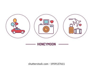 Honeymoon color line icons concept. Wedding agency. Isolated vector element. Outline pictograms for web page, mobile app, promo.