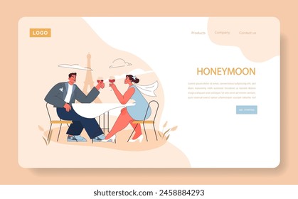 Honeymoon concept. Joyful couple toasting to love in the glow of the Eiffel Tower, celebrating the start of their shared journey.